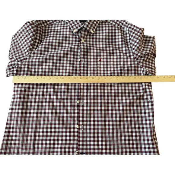 Nautica Mens Classic Fit Flex Wrinkle Resistant Burgundy & White Plaid Long Slee - Picture 4 of 7